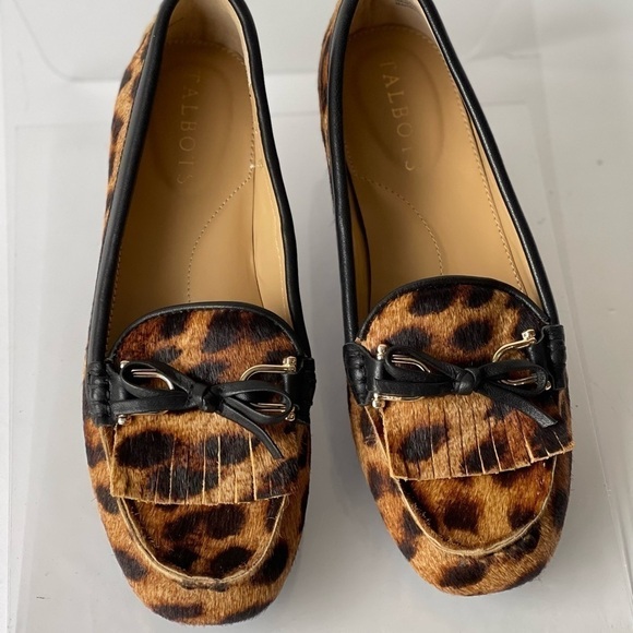Talbots Leopard Loafer Flats Slip-On Shoes Fur Fringe Tassel Bow, Sz 5M - Picture 2 of 11